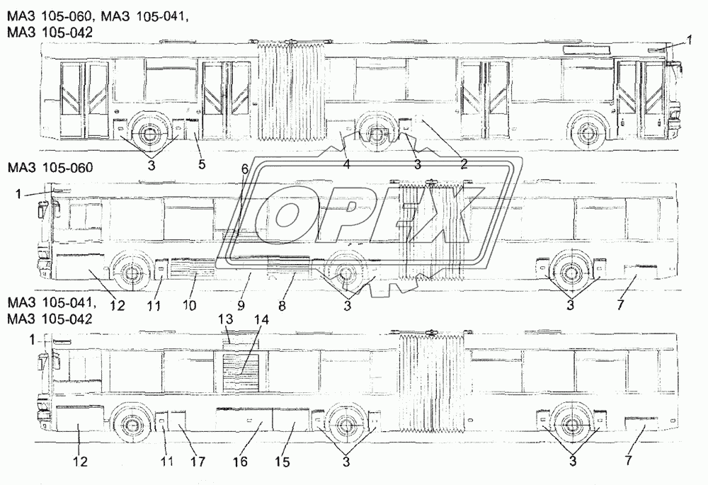 Расположение крышек и решеток на кузове автобусов МАЗ-105